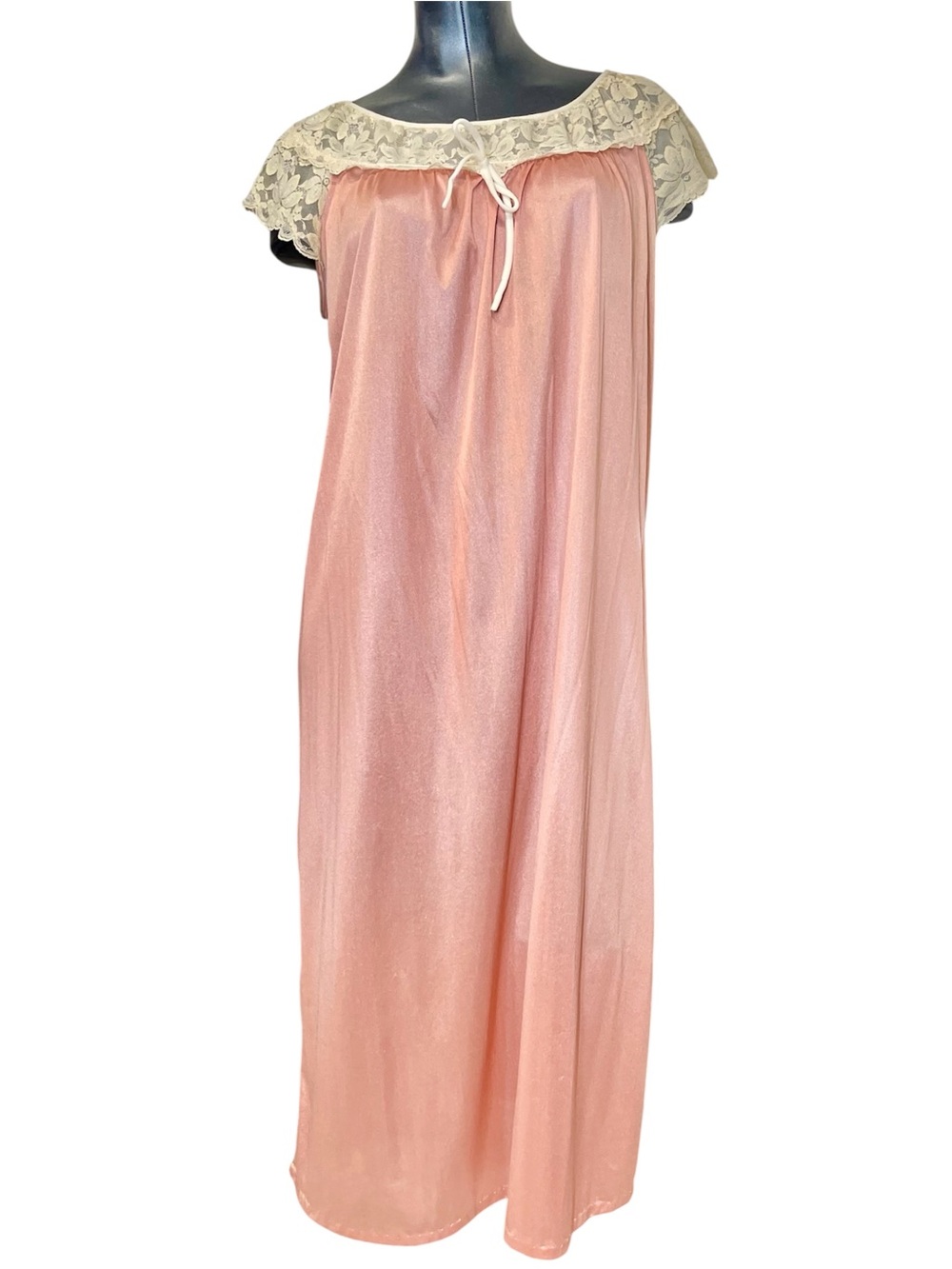 Vintage 70s Pink 100% Nylon Nightgown Lace Yoke Tie Neck Slip Dress Romantic